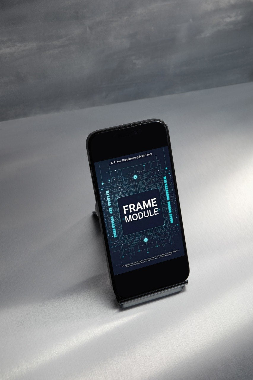 Smartphone with a digital display on a stand against a gray background