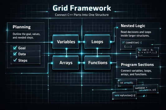 Grid Framework diagram connecting C++ parts into a structure with variables, loops, arrays, and functions.