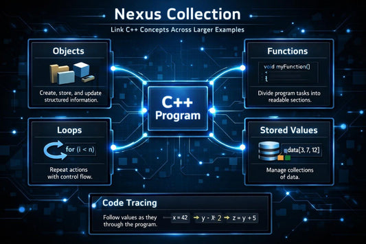 Diagram of a C++ program with concepts like objects, functions, loops, and stored values on a dark background.