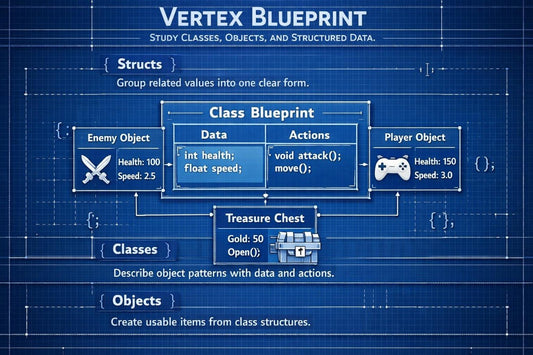 Blueprint-style diagram of class blueprint with game object examples on a blue background