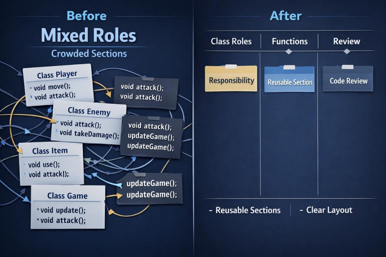 Comparison of 'Before' and 'After' design for class roles and functions with reusable sections and clear layout.