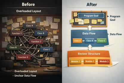 Comparison of overloaded layout with clear diagram showing program goal, data flow, and review structure.