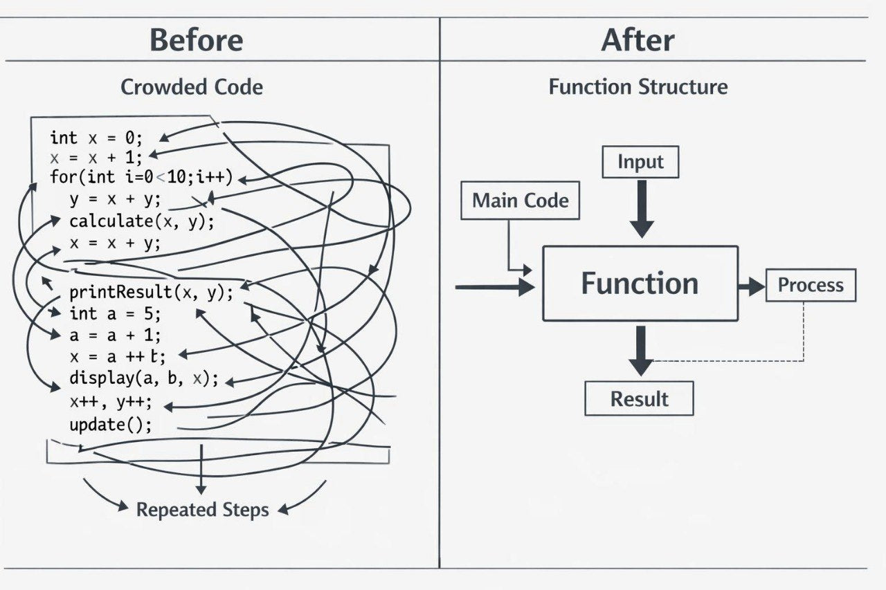 Comparison of crowded code with function structure diagram on a white background