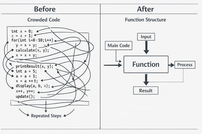 Comparison of crowded code with function structure diagram on a white background
