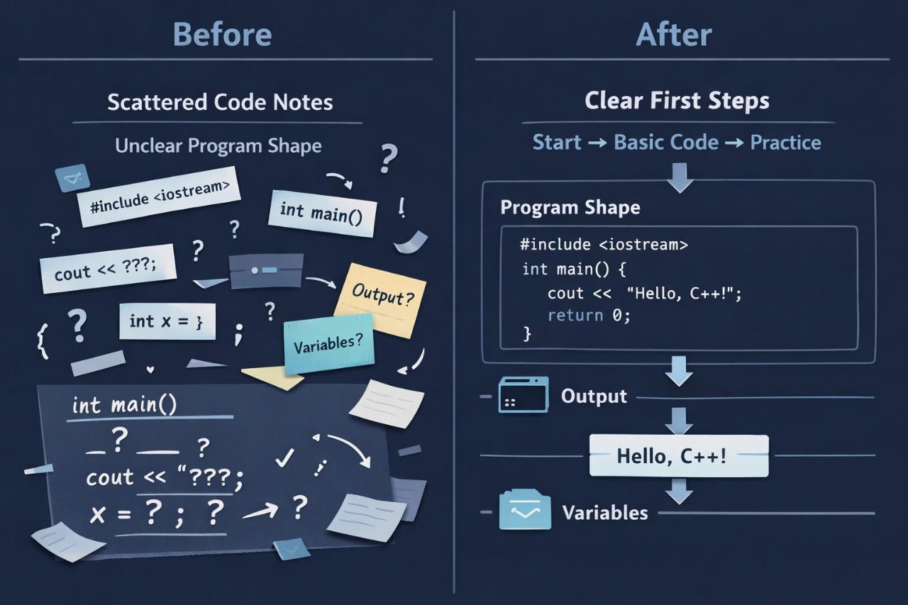 Comparison of scattered code notes to clear first steps in learning C++ on a dark background.