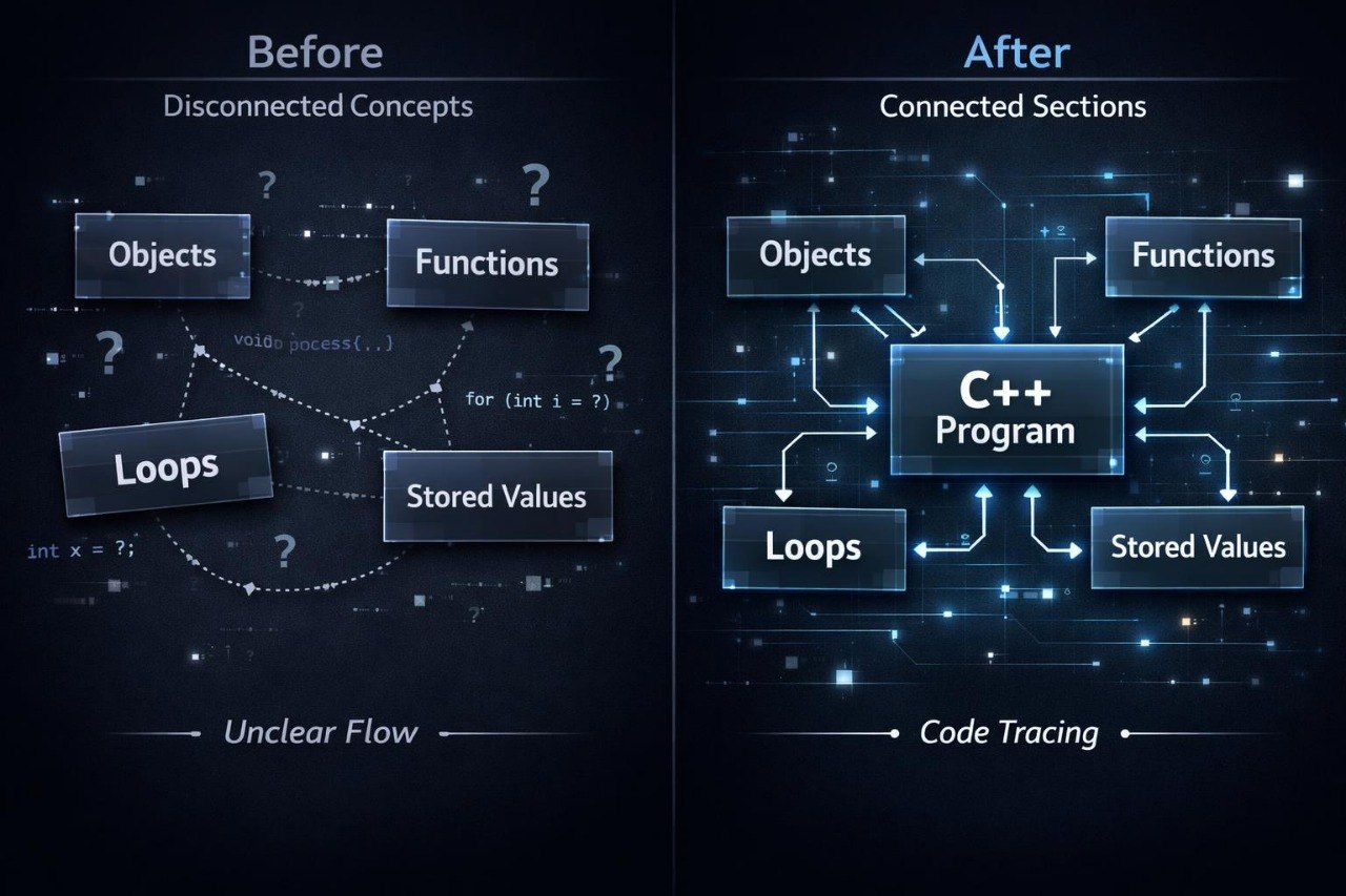 Before and after comparison of disconnected concepts connected by a C++ program on a dark background.