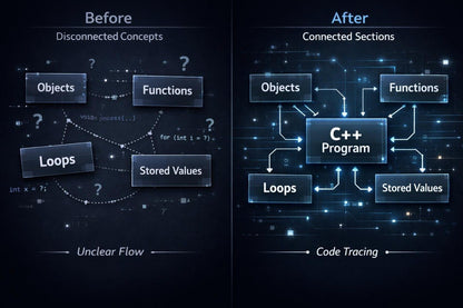 Before and after comparison of disconnected concepts connected by a C++ program on a dark background.