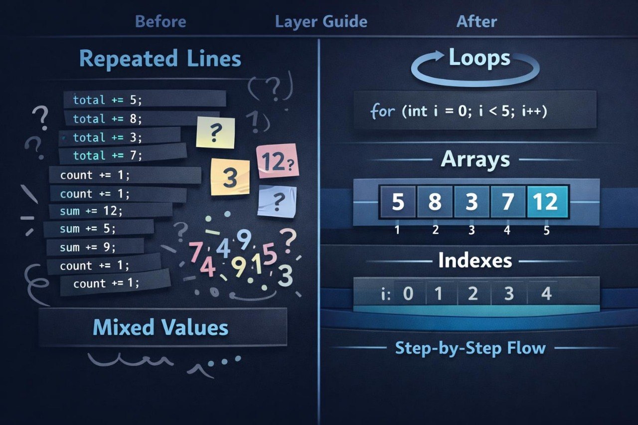 Educational diagram comparing 'Before' and 'After' of code optimization with loops, arrays, and indexes.