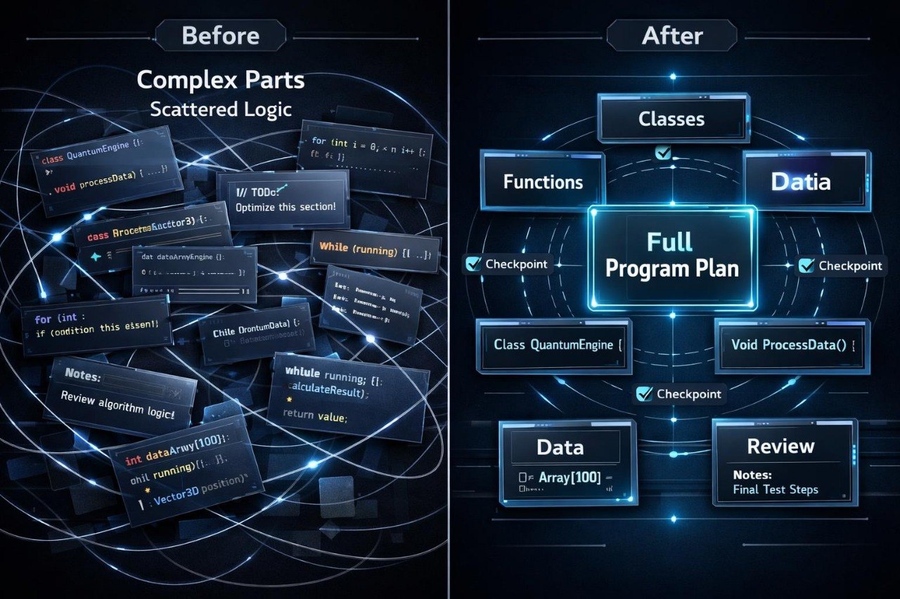 Before and after comparison of complex code logic to a clear program plan.