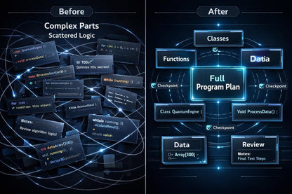 Before and after comparison of complex code logic to a clear program plan.