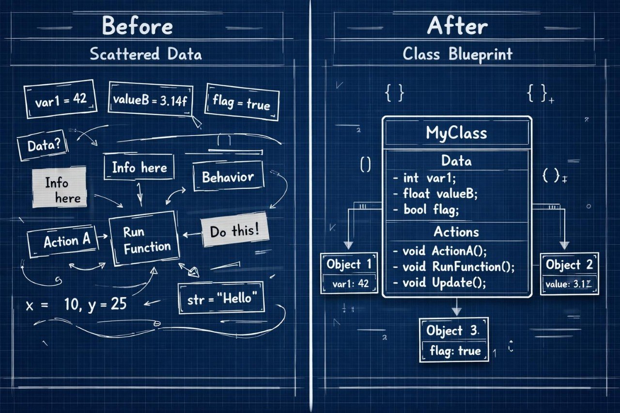 Blueprint-style comparison of 'Before' scattered data and 'After' class blueprint on a blue background.