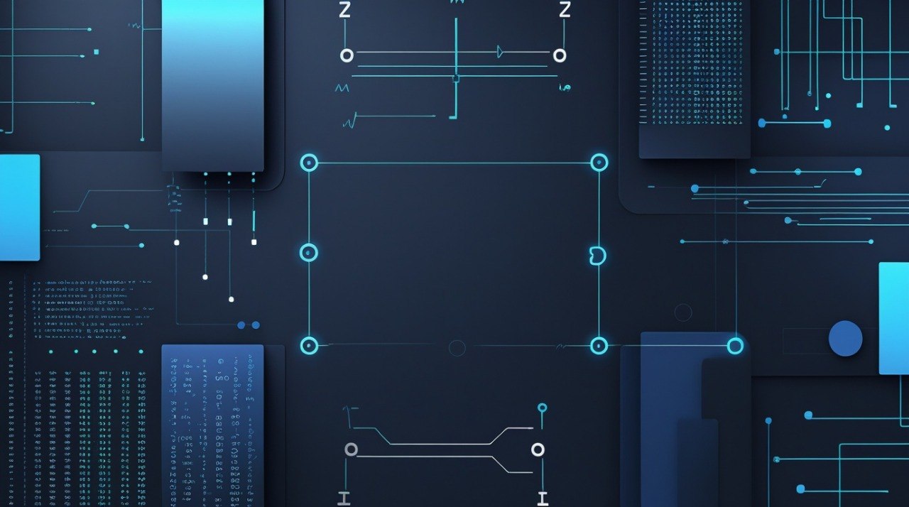 Digital circuit design with blue lines and elements on a dark background