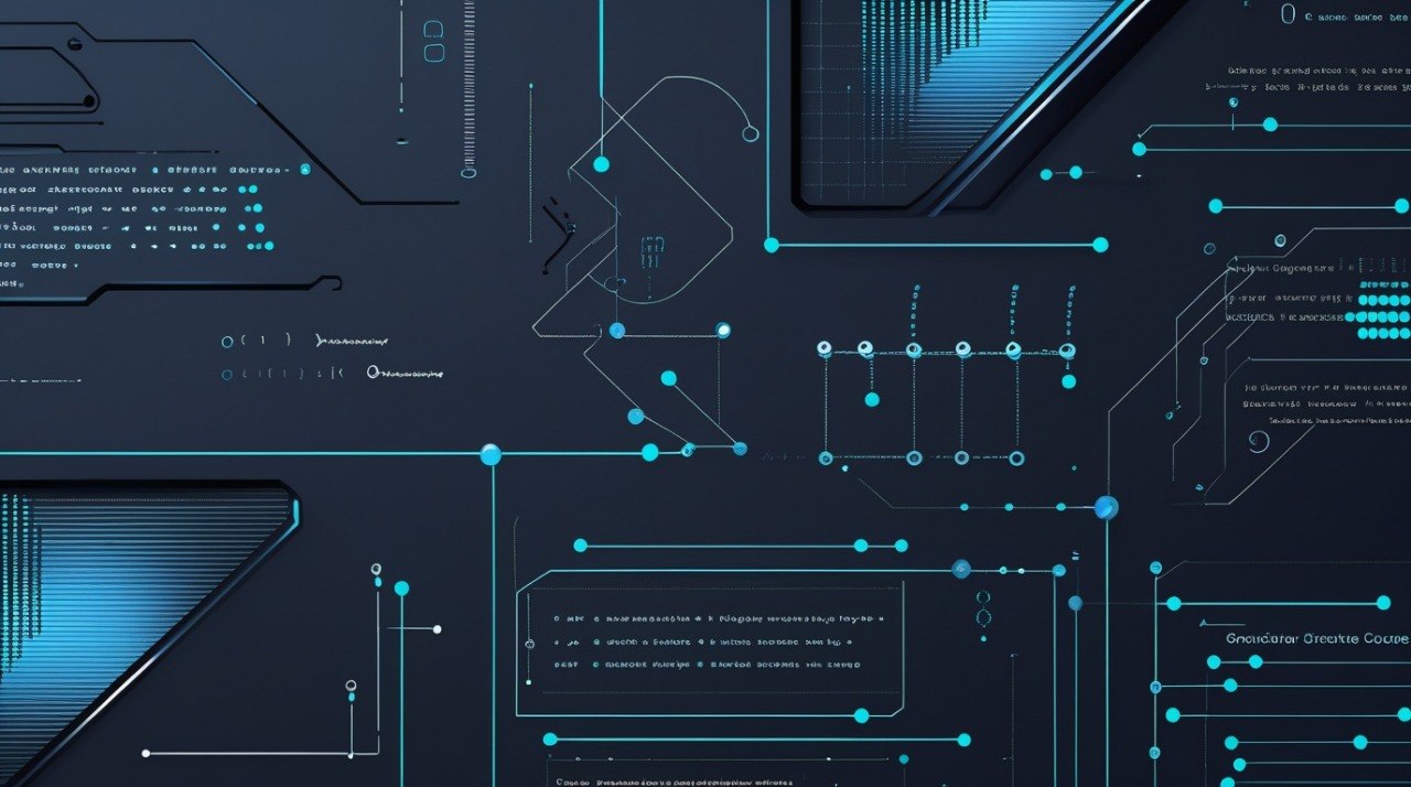 Technical diagram with blue circuit-like design on a dark background