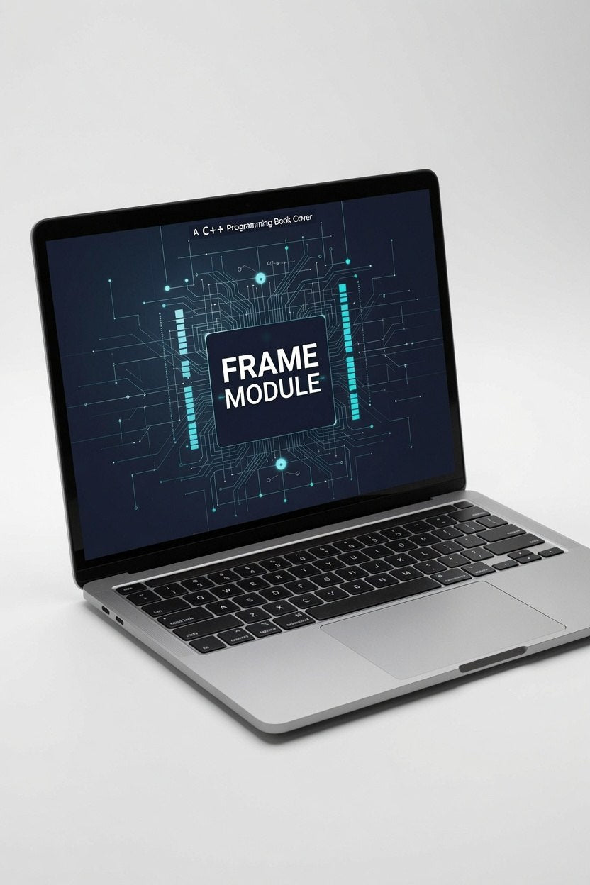 Laptop displaying a 'FRAME MODULE' on a white background