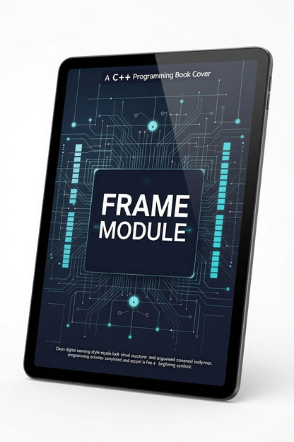 Tablet displaying a C++ programming book cover with 'FRAME MODULE' text on a digital circuit design background.