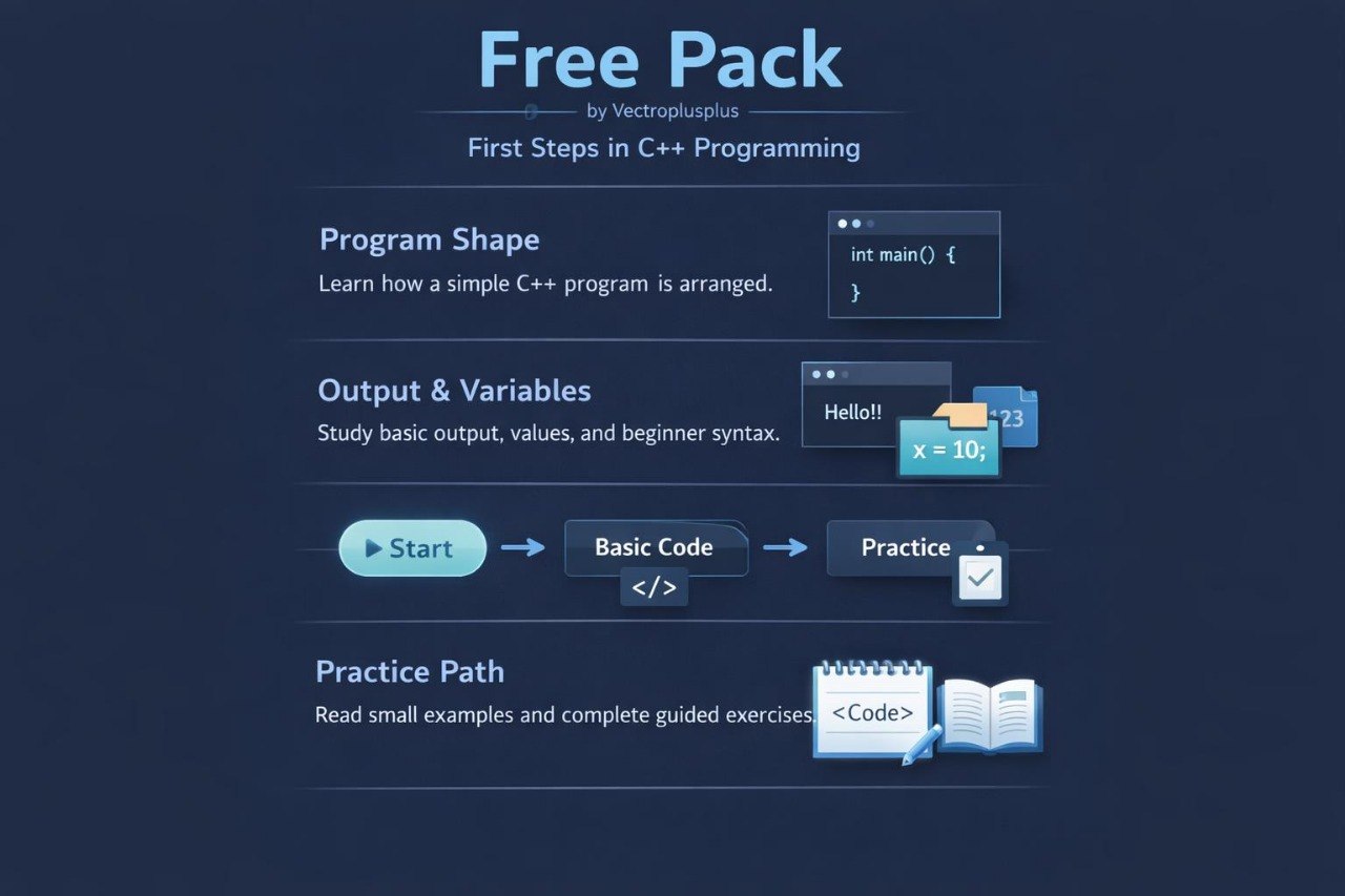 C++ programming tutorial interface with text and icons on a dark background