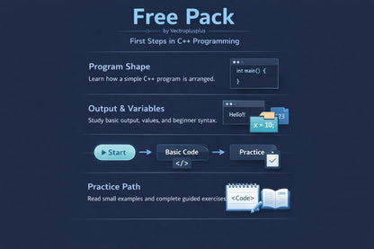 C++ programming tutorial interface with text and icons on a dark background