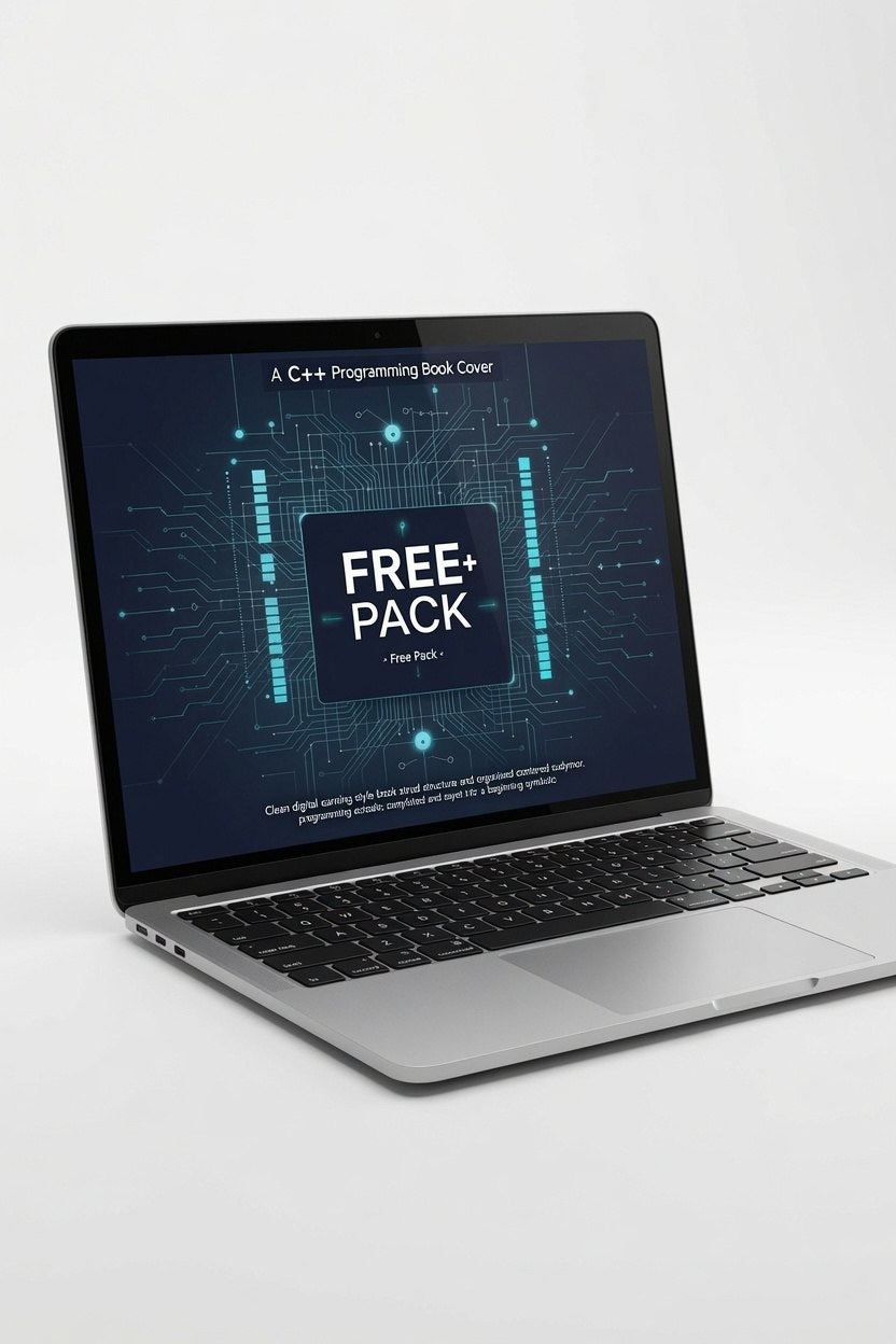 Laptop with a C++ programming book cover on the screen displaying 'FREE PACK'.