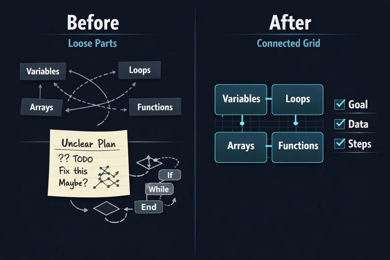 Comparison of 'Before' and 'After' diagrams showing a loose parts approach versus a connected grid approach in programming.