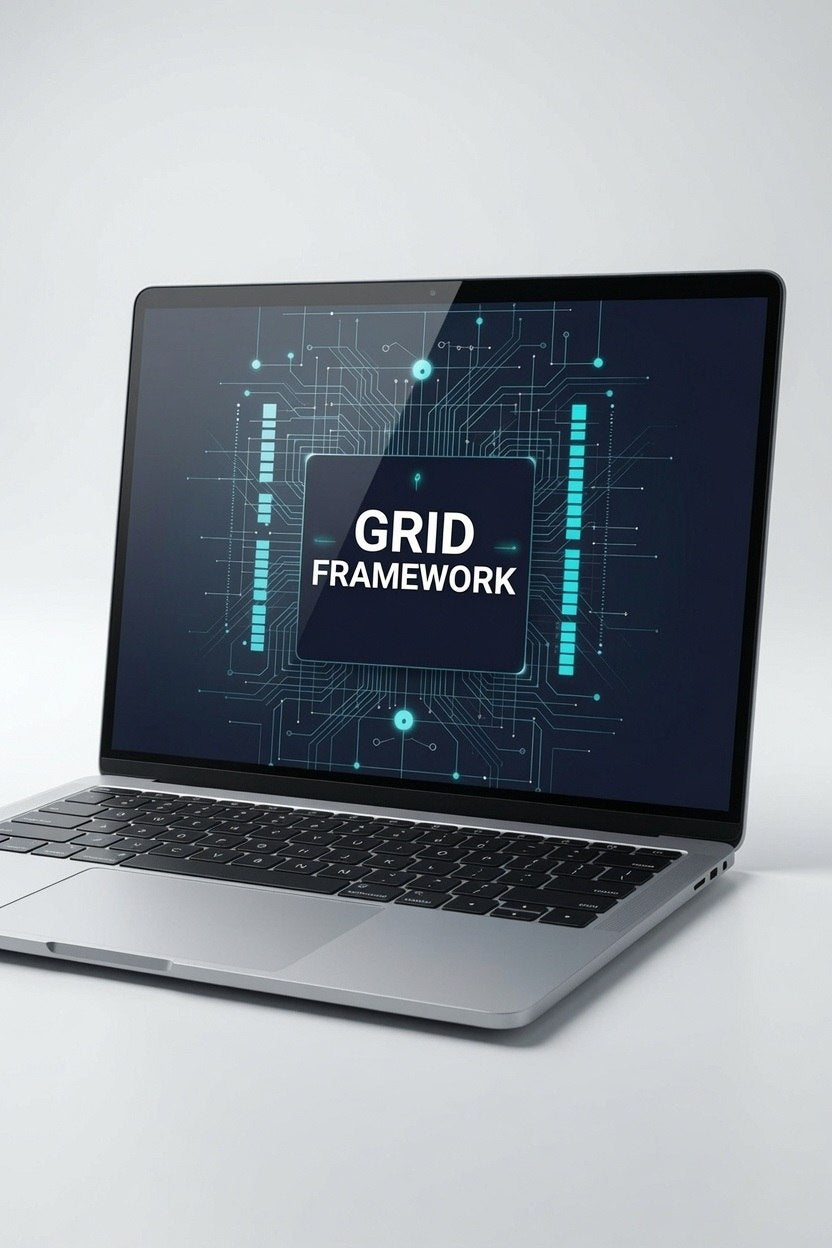 Laptop with 'GRID FRAMEWORK' on a screen against a white background