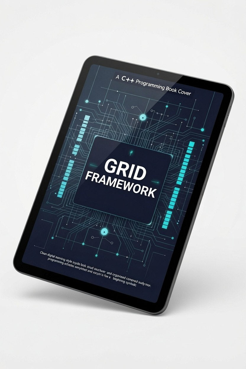 Tablet displaying a C++ programming book cover with 'Grid Framework' text on a white background