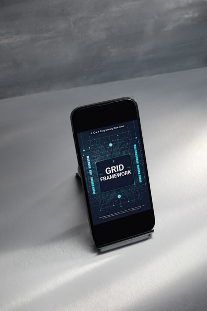 Smartphone displaying a grid framework app on a white surface with a gray background