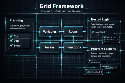 Grid Framework diagram connecting C++ parts into a structure with variables, loops, arrays, and functions.