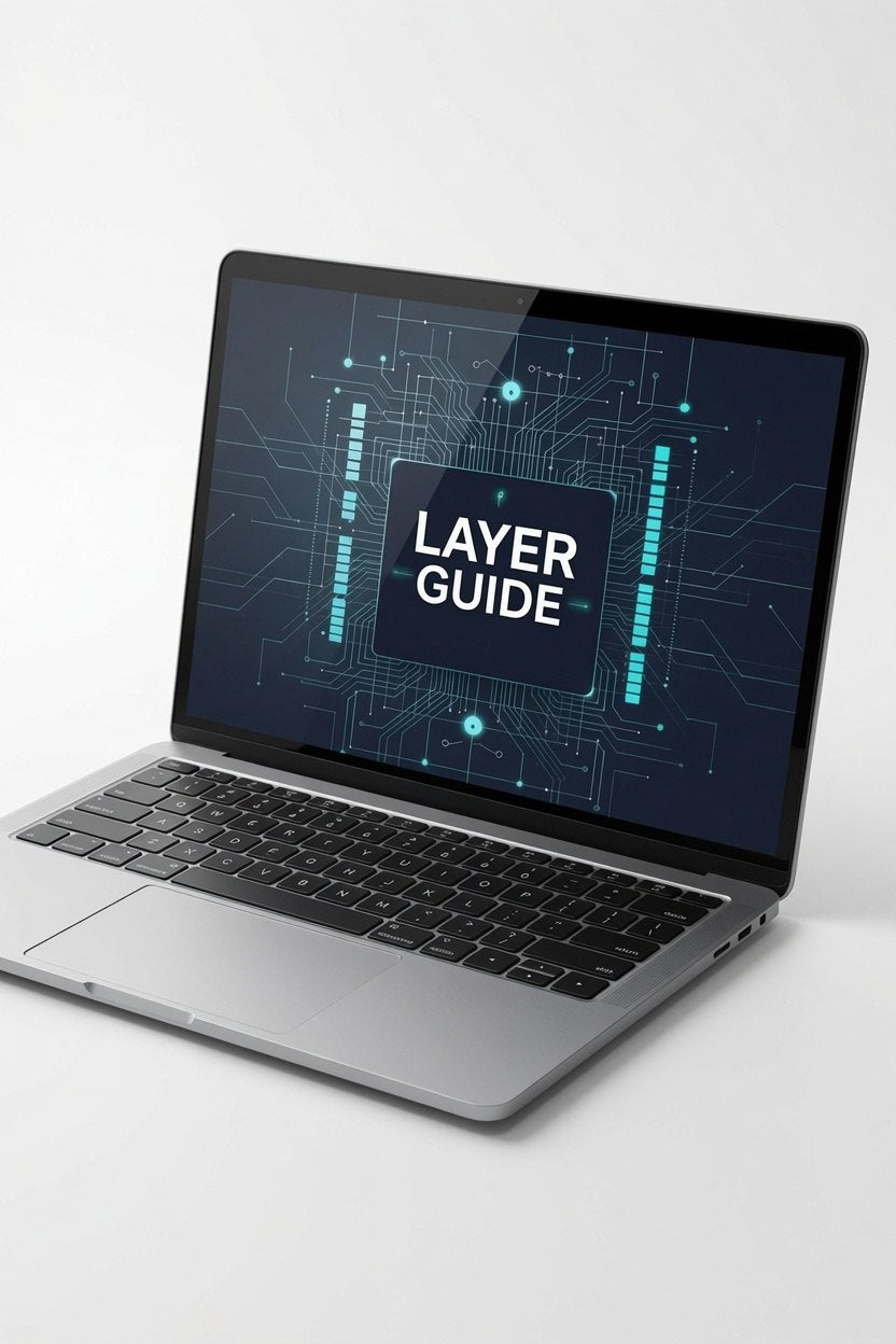 Laptop with 'Layer Guide' on screen on a white background