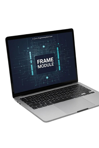 Laptop with a screen displaying 'FRAME MODULE' on a white background