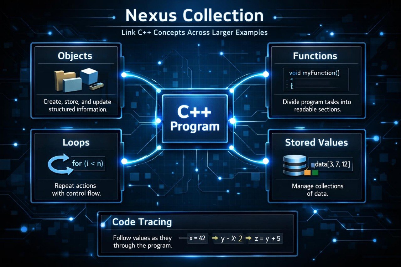 Diagram of a C++ program with concepts like objects, functions, loops, and stored values on a dark background.