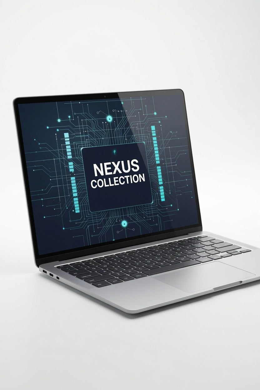 Laptop with 'Nexus Collection' on the screen on a white background