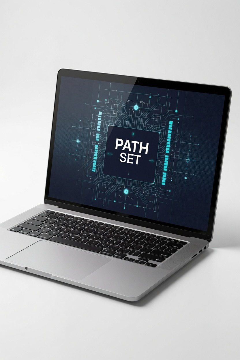 Laptop with 'PATH SET' on screen on a white background