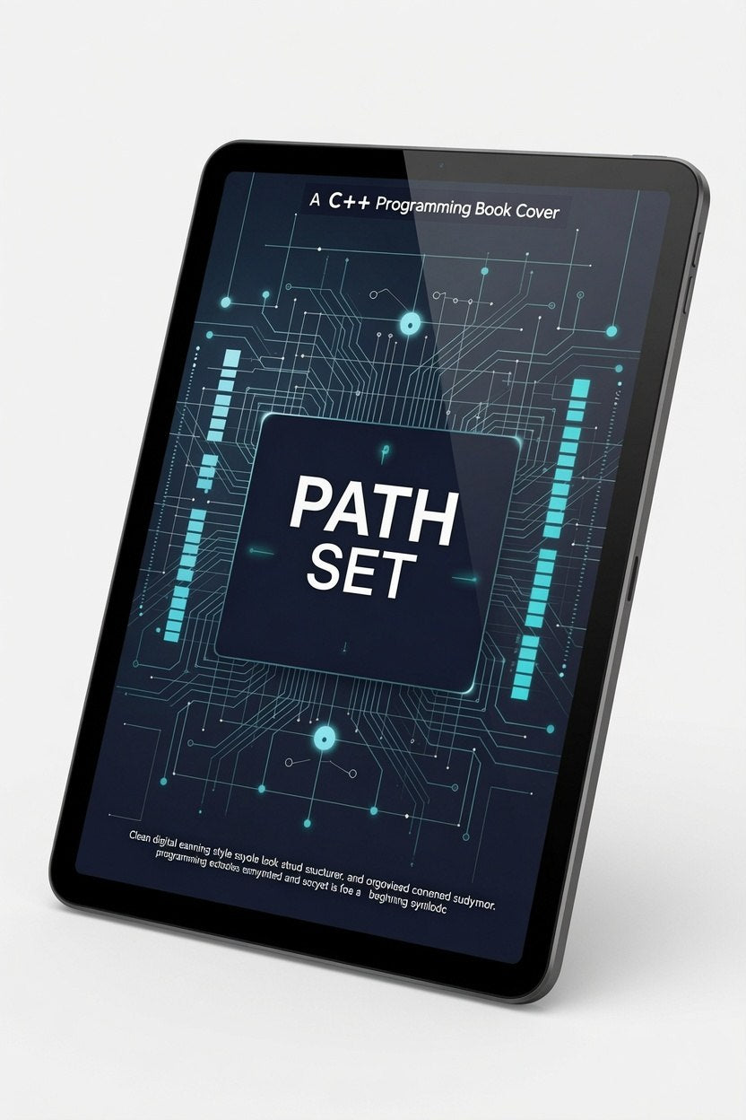 Digital book cover with 'C++ Programming' text on a tablet screen