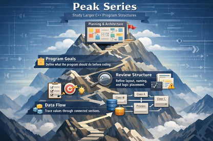 Mountain-themed diagram of software development process with text and icons