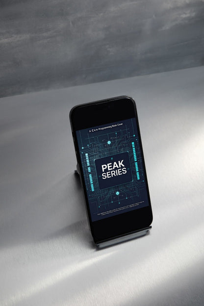 Smartphone displaying 'PEAK SERIES' on a white surface with a gray background