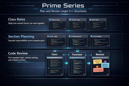 Educational diagram about class roles, section planning, and code review in C++ programming.