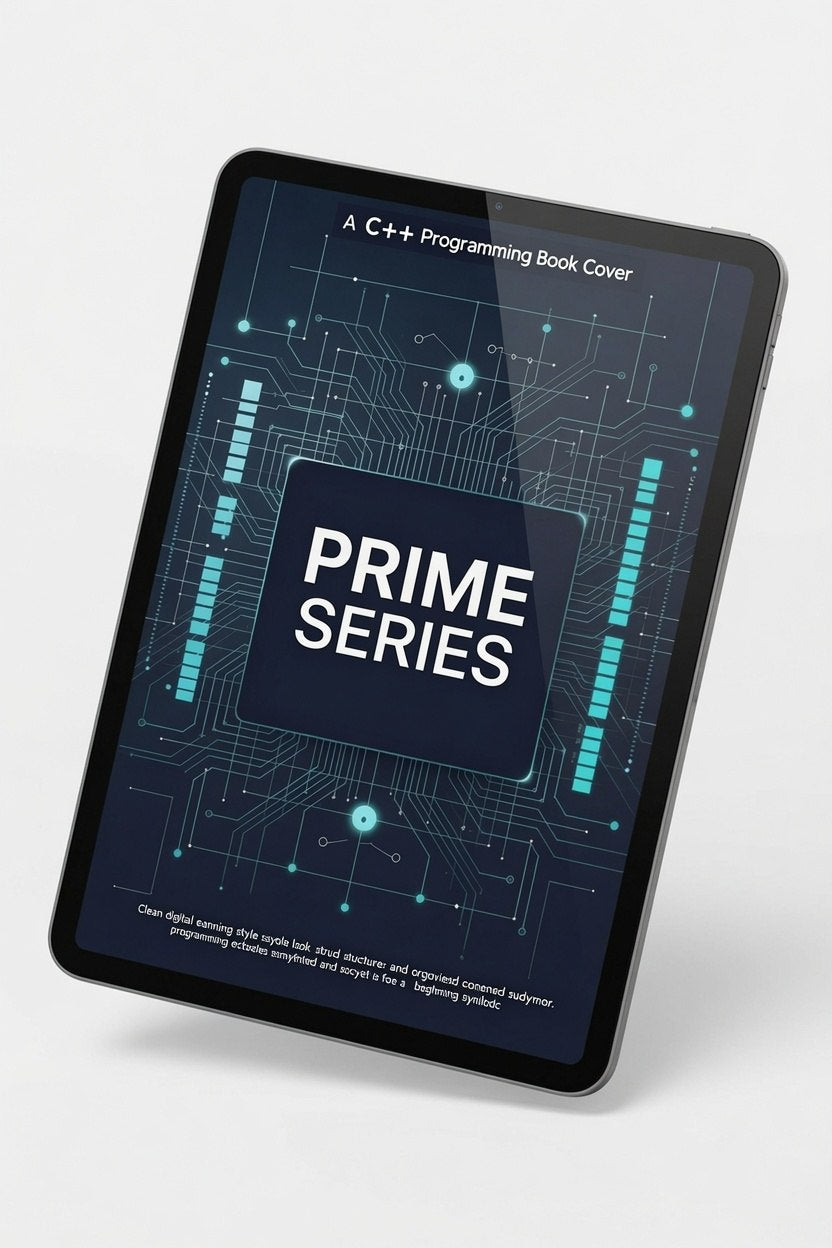 Tablet displaying a C++ programming book cover with 'Prime Series' text on a white background