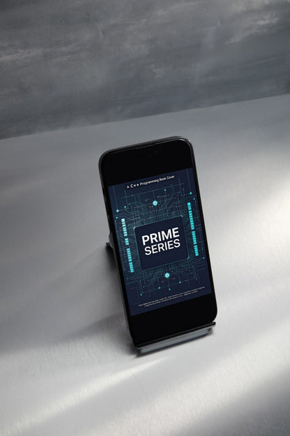 Smartphone displaying 'PRIME SERIES' on a stand with a gray background