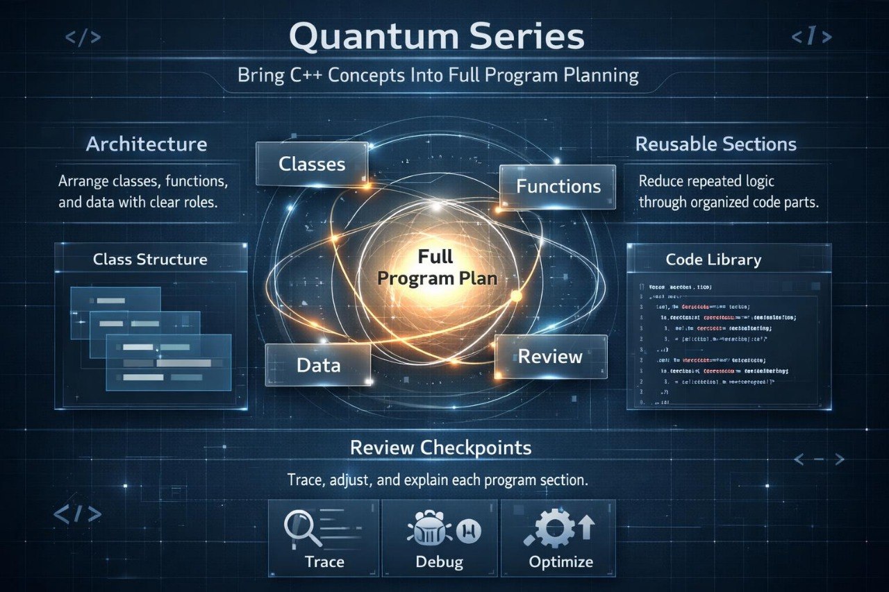 Diagram of a full program plan with quantum series concepts on a dark background