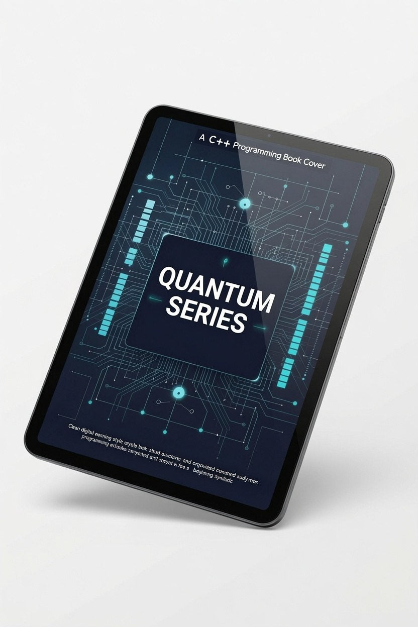 Tablet with 'Quantum Series' programming book cover on a white background