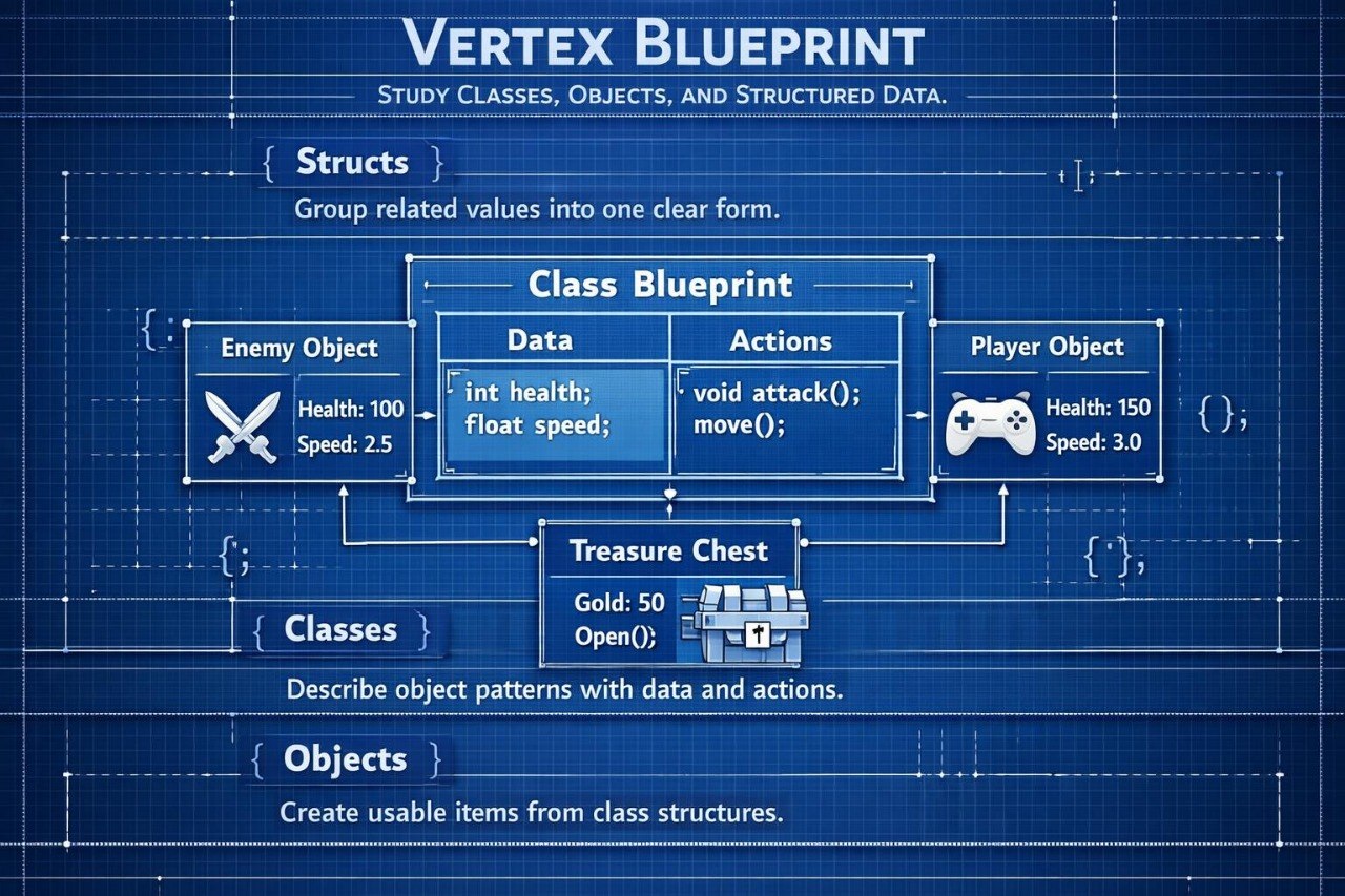 Blueprint-style diagram of class blueprint with game object examples on a blue background