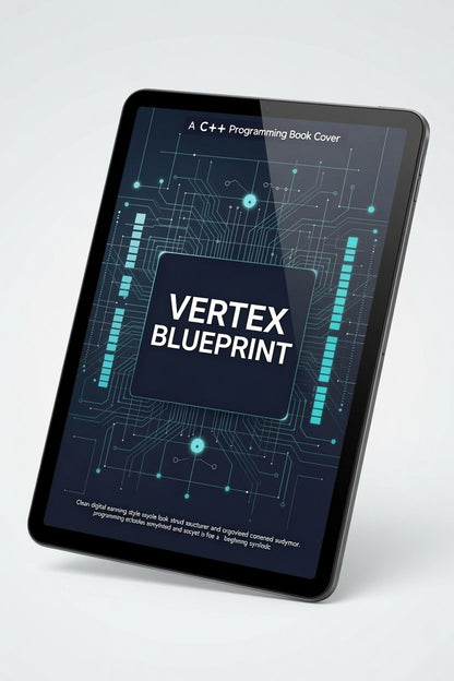 Tablet displaying a book cover titled 'Vertex Blueprint' on a white background